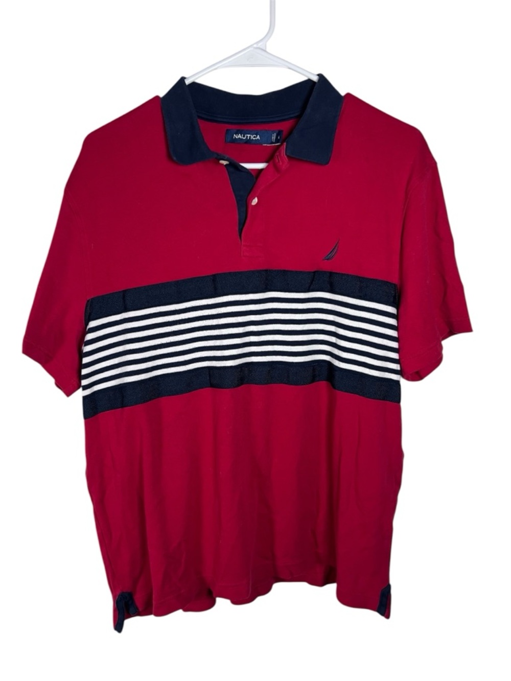 Nautica Cotton Red Polo with Navy & White Stripes Size L
